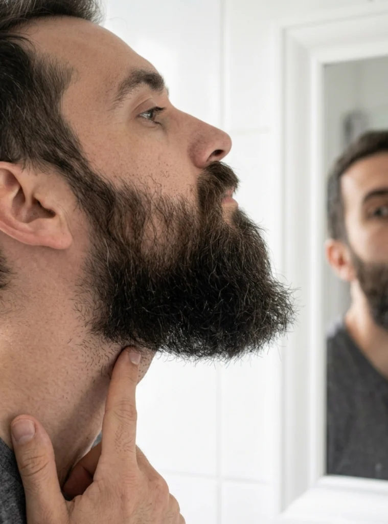 Man checking his beard neckline from the side before trimming