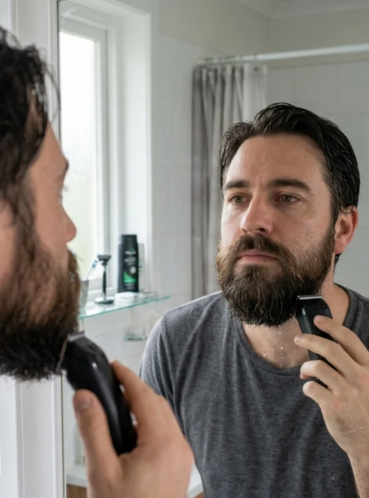 Man comparing both sides of his beard before trimming