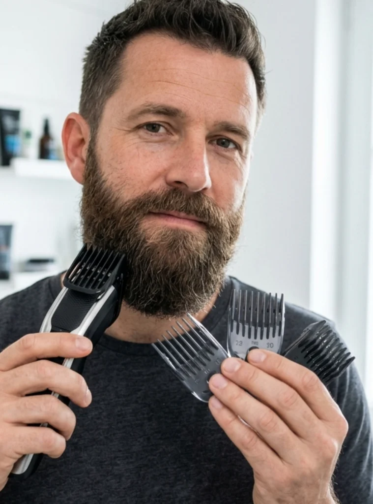 Man choosing a longer trimmer guard before trimming his beard