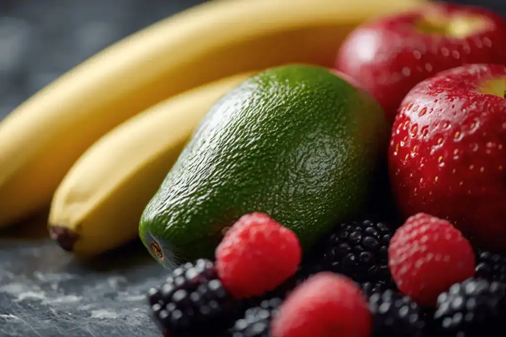 Assorted fruits including avocado, berries, bananas, and apples used to support skin health and beard growth
