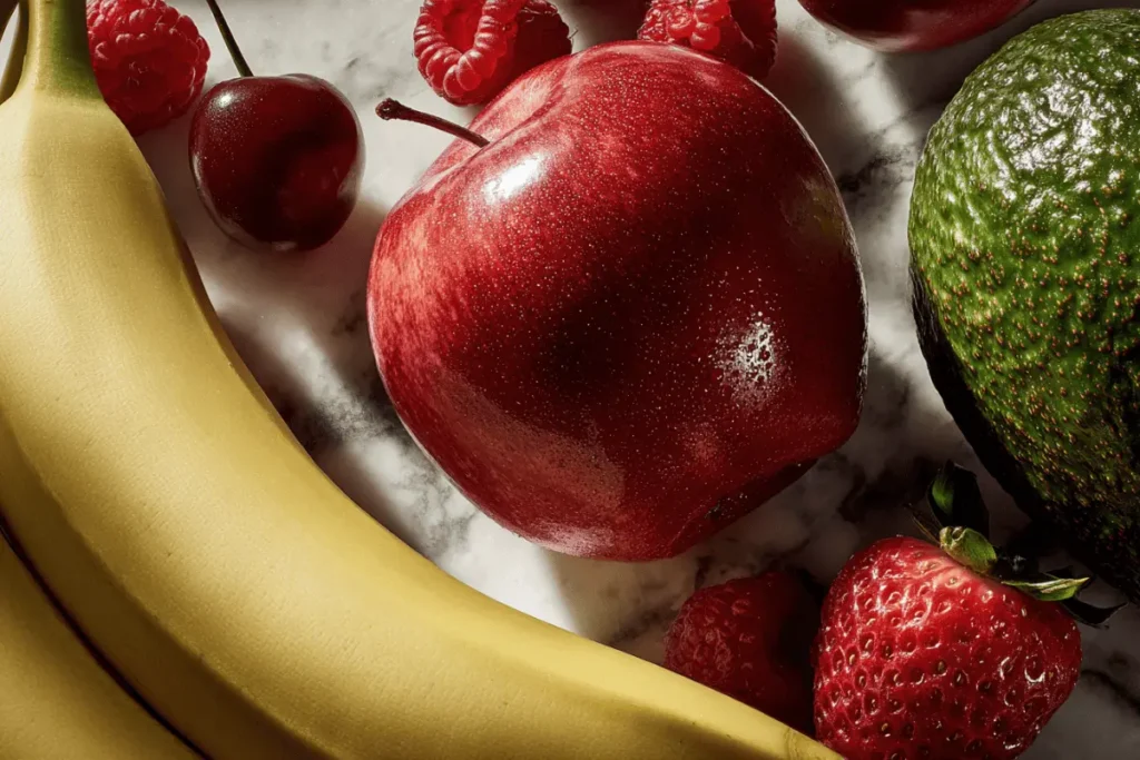 Assorted whole fruits including apple, banana, berries, and avocado used to support skin health and beard growth