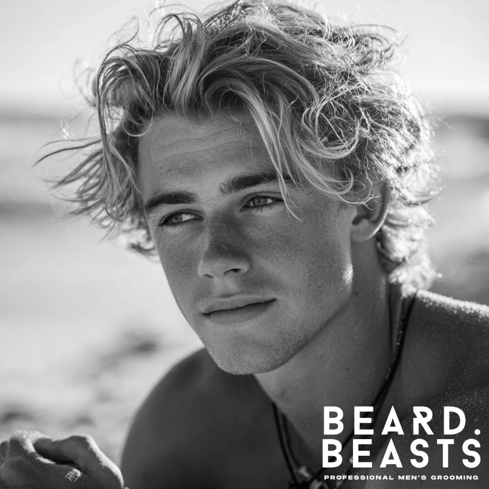 Blonde man with tousled surfer hairstyle relaxing on the beach in the sun