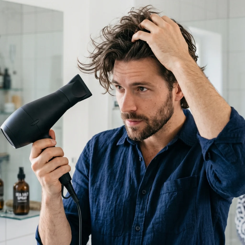 Man blow-drying hair after applying sea salt spray