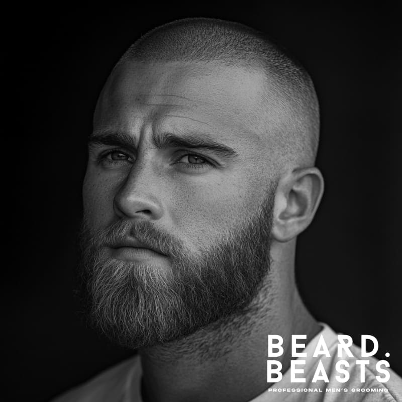 A striking black and white portrait of a confident man with a buzz cut and beard, exuding a sharp and masculine look. His closely cropped buzz cut seamlessly transitions into a faded beard, creating a smooth, modern, and well-groomed style. The fade blends naturally from the short hair into the fuller beard, enhancing his strong jawline and structured facial features. His intense gaze and slightly furrowed brow add to the bold, sophisticated appeal.
