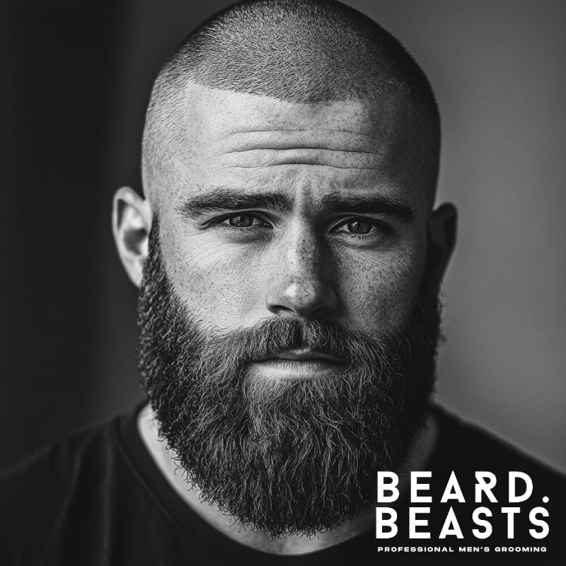 A striking black and white portrait of a rugged man with a buzz cut and beard, exuding strength and confidence. His closely shaved buzz cut highlights his strong facial structure, while his thick, full beard adds a bold, masculine appeal. His intense gaze and chiseled features create a powerful, commanding presence.