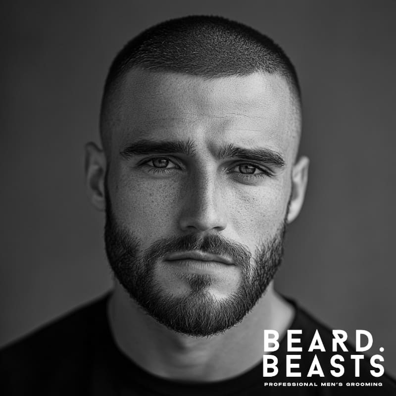 A striking black and white portrait of a confident man with a classic buzz cut (#3 or #4) and a short boxed beard, exuding a clean, masculine, and well-groomed appearance. His sharp facial features, including a strong jawline and intense gaze, are enhanced by the precise beard shaping. The monochrome effect adds a timeless, sophisticated feel. He wears a fitted black shirt, complementing the modern and minimalist aesthetic.