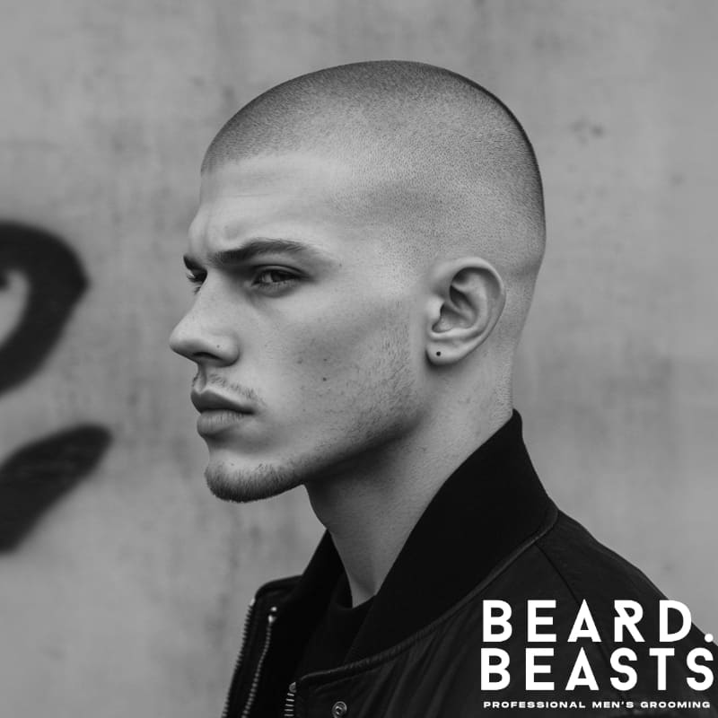 Side profile of a young man with a buzz cut number 1 hairstyle, featuring a clean fade and defined hairline, wearing a black leather jacket – Beard Beasts professional men's grooming.