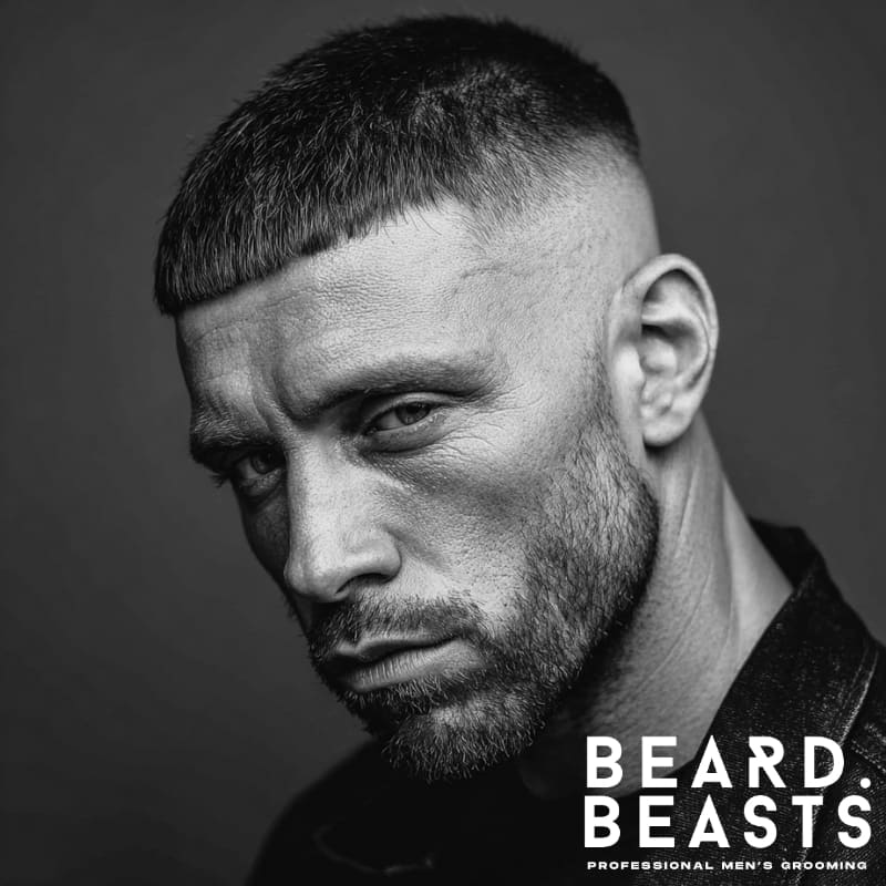 A bold Caesar cut hairstyle for men with a diamond face shape, featuring a short, blunt fringe and faded sides. This sharp, structured look enhances the angular features of a diamond-shaped face, offering a clean and modern style that works well for adding definition and symmetry.