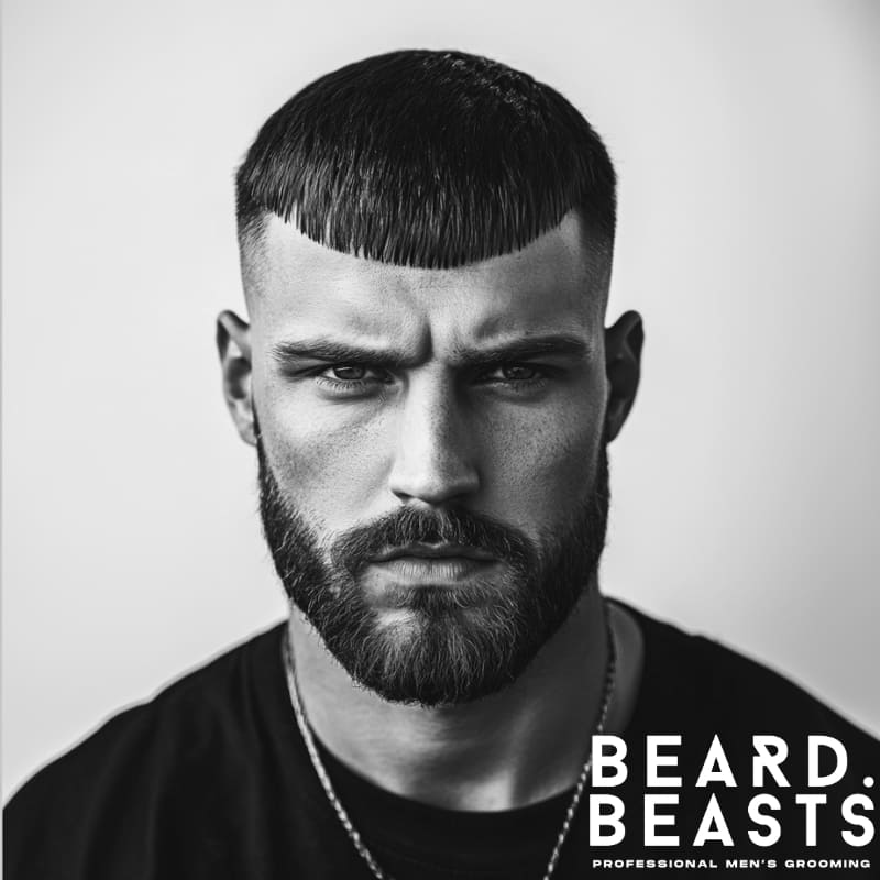 Close-up of a man with a sharp Caesar cut and full beard, showcasing one of the best fringe haircuts for men