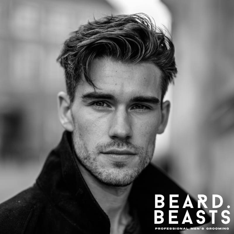 Man with classic men's flow haircut, showcasing textured layers and a natural, effortless look, styled with volume and flow.