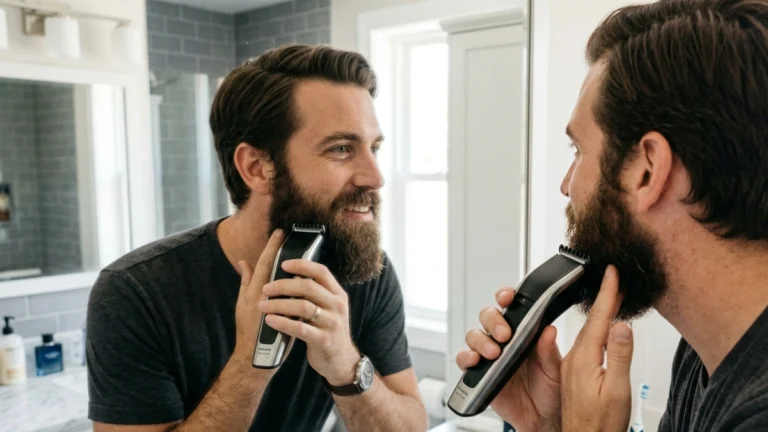 Man carefully trimming a full beard to avoid common beard trimming mistakes