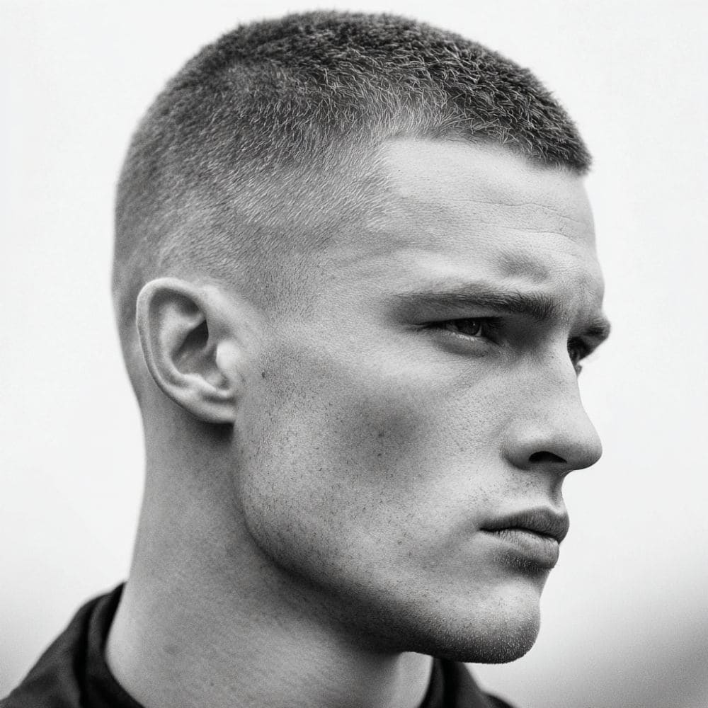Military crew cut for men, featuring a short, buzzed top with faded sides for a clean, sharp look. The precise cut offers a low-maintenance, professional appearance with a strong, disciplined style. Ideal for men seeking a bold, military-inspired haircut that is easy to maintain.