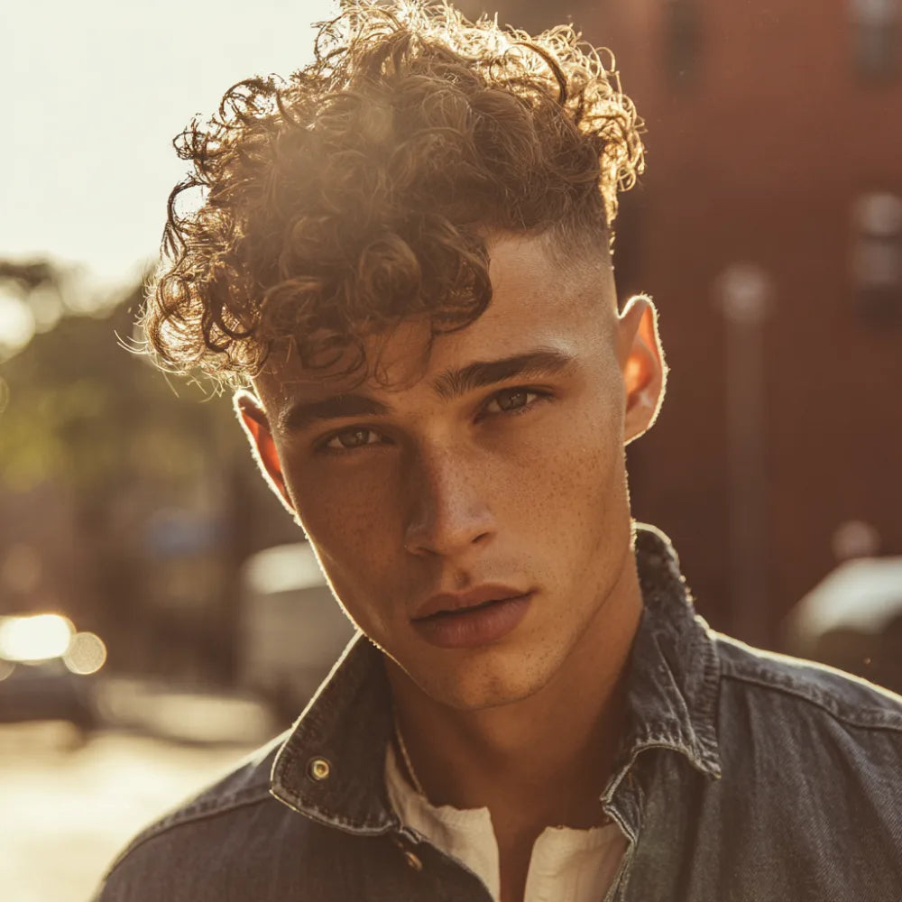 Young man with a curly bald fade hairstyle, featuring tight faded sides and voluminous curls on top, showcasing a sharp and modern look.
