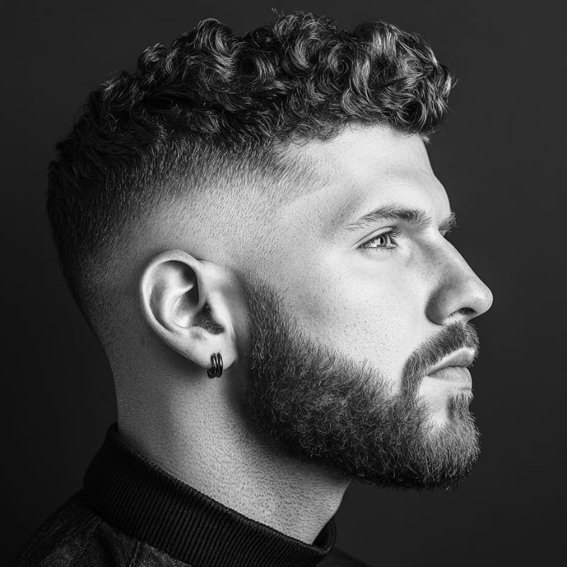 Side profile of a man with a curly drop fade haircut, featuring defined tight curls on top and a clean skin fade that curves behind the ear. A stylish drop fade for curly hair paired with a full, groomed beard.