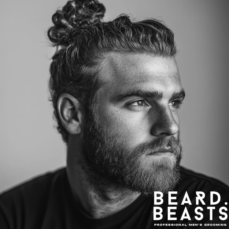 Handsome man with a full beard and curly hair styled in a man bun, captured in a black and white portrait. The image features his well-groomed facial hair and defined curls, showcasing a relaxed yet stylish look. The Beard Beasts branding is visible at the bottom, promoting professional men's grooming.