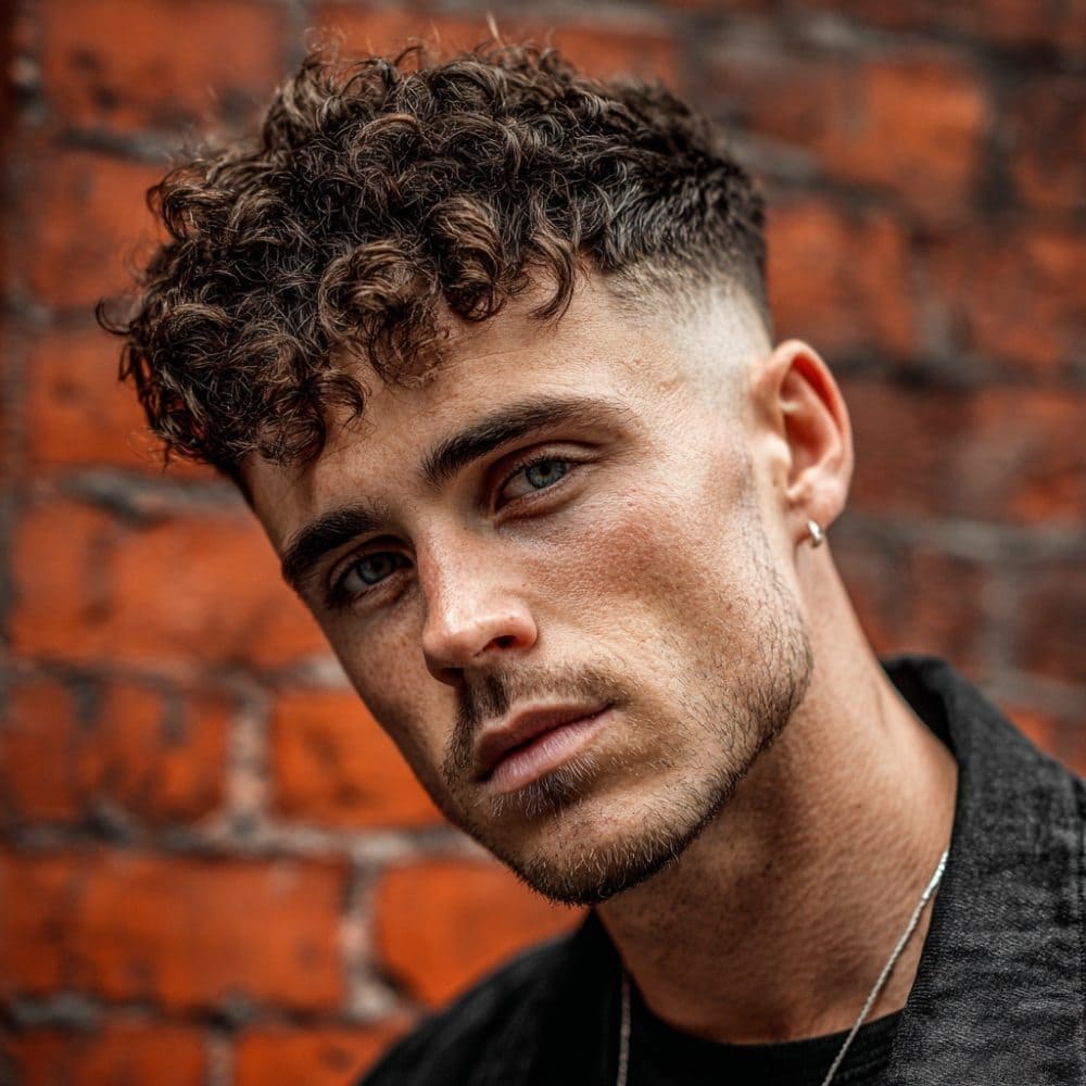 A close-up image of a young man with neatly trimmed facial hair, featuring a stylish fade haircut that seamlessly transitions from shorter hair on the sides to fuller, well-defined curls on top. The overall look is sharp, modern, and enhances his natural curly texture. The lighting highlights his facial features, making the hairstyle stand out beautifully.