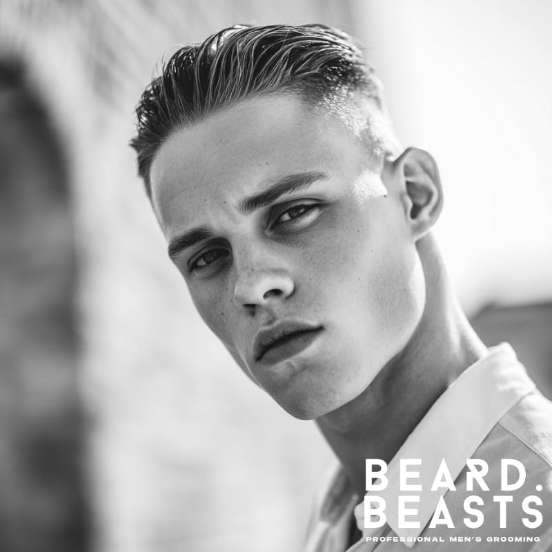 A sleek slicked-back hairstyle for men with a diamond face shape, featuring smooth, controlled hair that adds structure and highlights the sharp features of the face. This polished look offers a refined and modern appearance, perfect for men with a diamond-shaped face seeking balance and sophistication.