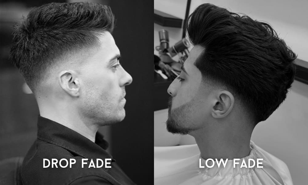Side-by-side comparison of a drop fade vs low fade haircut. The left image shows a man with a sharp drop fade that curves behind the ear, while the right image shows a man with a subtle low fade starting just above the ears. Ideal visual for understanding the key differences between drop fade and low fade hairstyles.