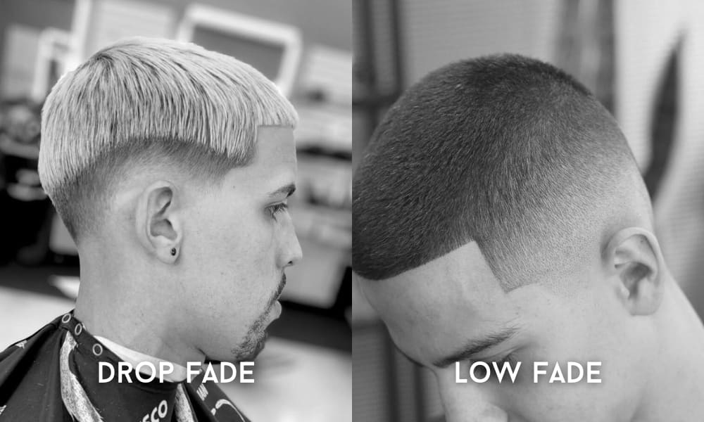 Side-by-side comparison of drop fade and low fade haircuts—left features a platinum blond drop fade with blunt fringe, right showcases a buzzed low fade with clean edges—ideal for illustrating the visual difference between drop fade vs low fade styles.