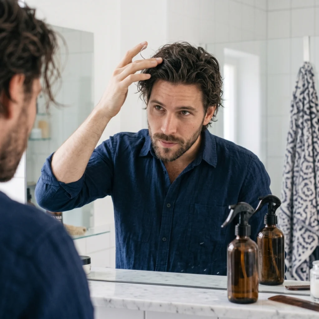 Man finishing textured hair after using sea salt spray
