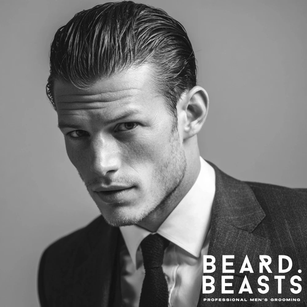 Man with slicked-back formal hairstyle in a suit, representing classic men's grooming by Beard Beasts.
