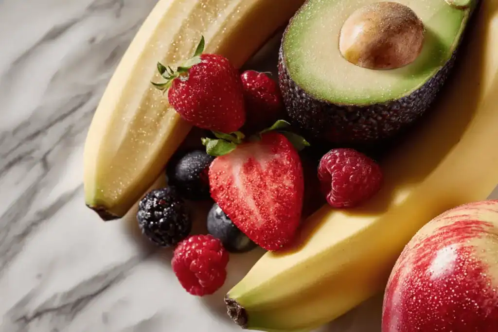 Fresh fruits like bananas, berries, avocado, and apples that provide vitamins and antioxidants supporting skin health and beard growth conditions.