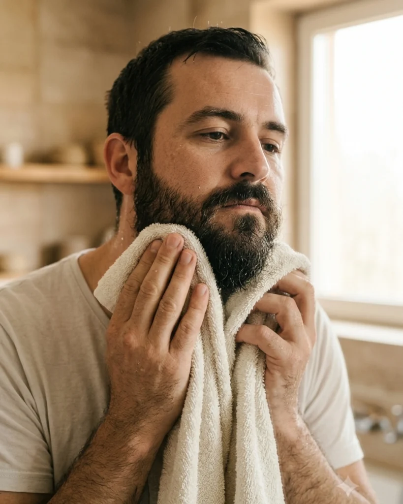 Man gently pressing a towel against his damp coarse beard after washing