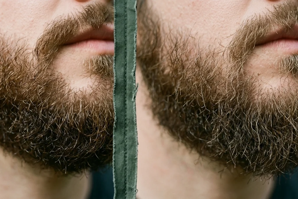 Side-by-side close-up comparing healthy coarse beard hair with drier, more brittle strands