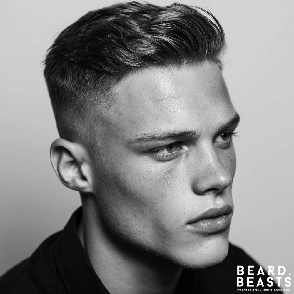 High fade with layered top styled back, a versatile short layered haircut for men