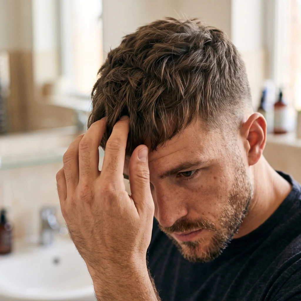 Man using his fingers to style a textured crop haircut with a short fade and separated fringe.