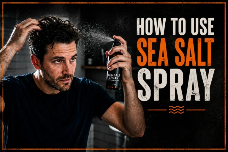Man applying sea salt spray while styling his hair