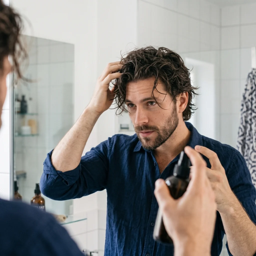 Man applying sea salt spray to damp hair in front of a bathroom mirror
