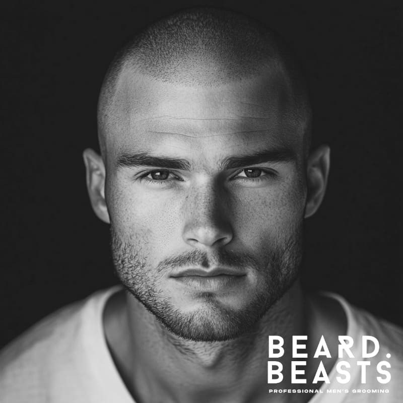 A striking black and white portrait of a confident man with a buzz cut and beard, showcasing a bold yet refined look. His closely shaved buzz cut enhances his strong facial structure, while his light stubble beard adds a rugged yet polished touch. His sharp cheekbones, chiseled jawline, and piercing gaze create a powerful, masculine aesthetic.