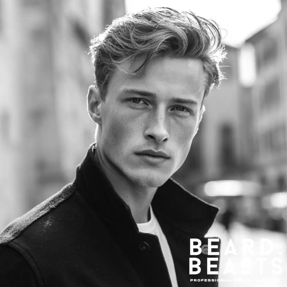 A man with a full brush back haircut. The layered hair is swept back from his forehead, creating a voluminous and natural look.