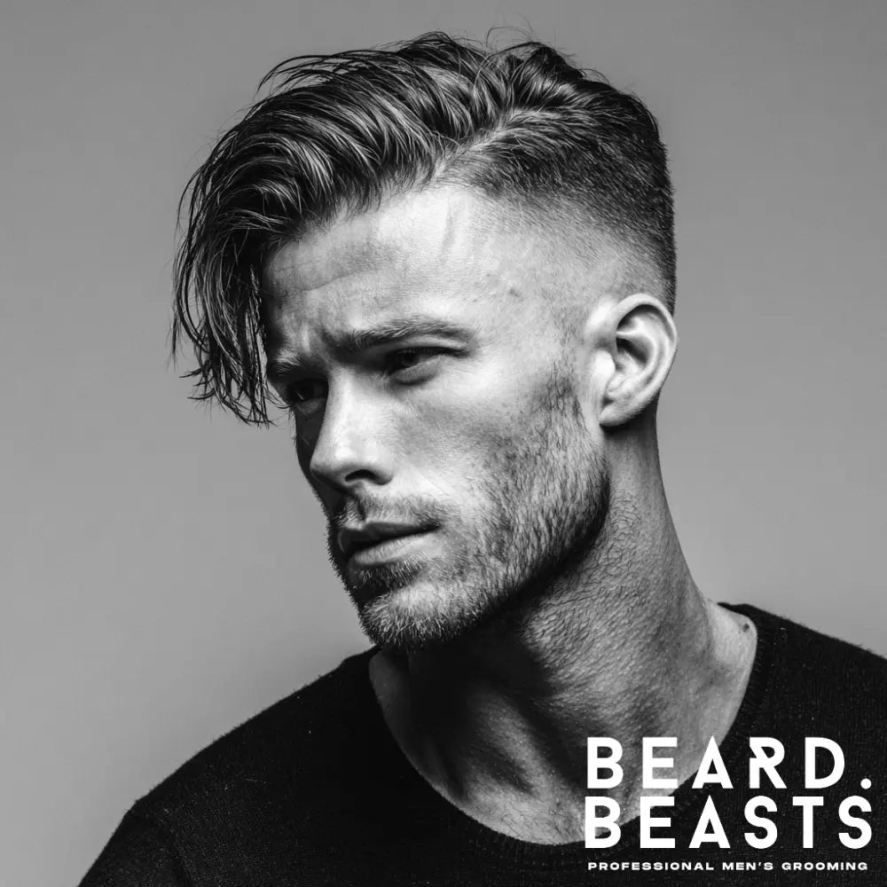 Side-swept medium layers with faded sides, a modern layered haircut for men