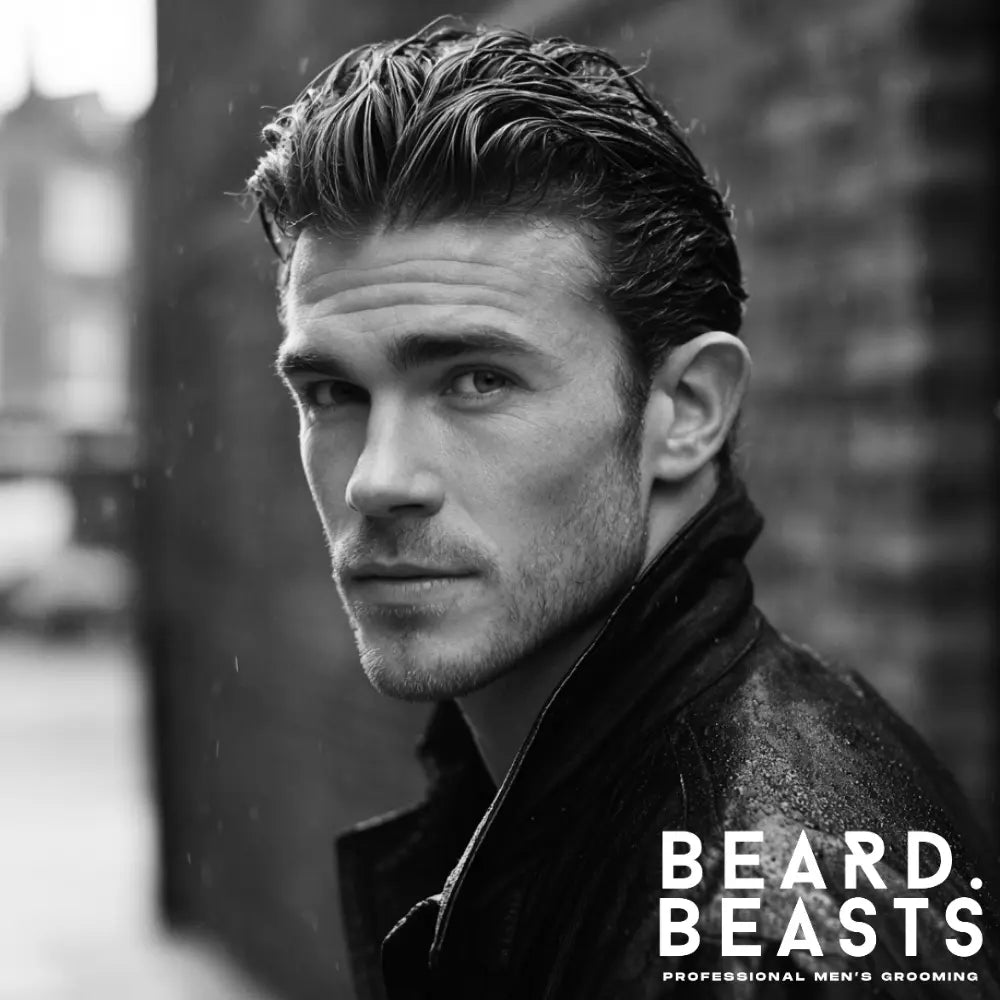 A man with a layered slicked-back hairstyle, a modern choice among layered haircuts for men. The hair has volume on top and a subtle natural sheen.