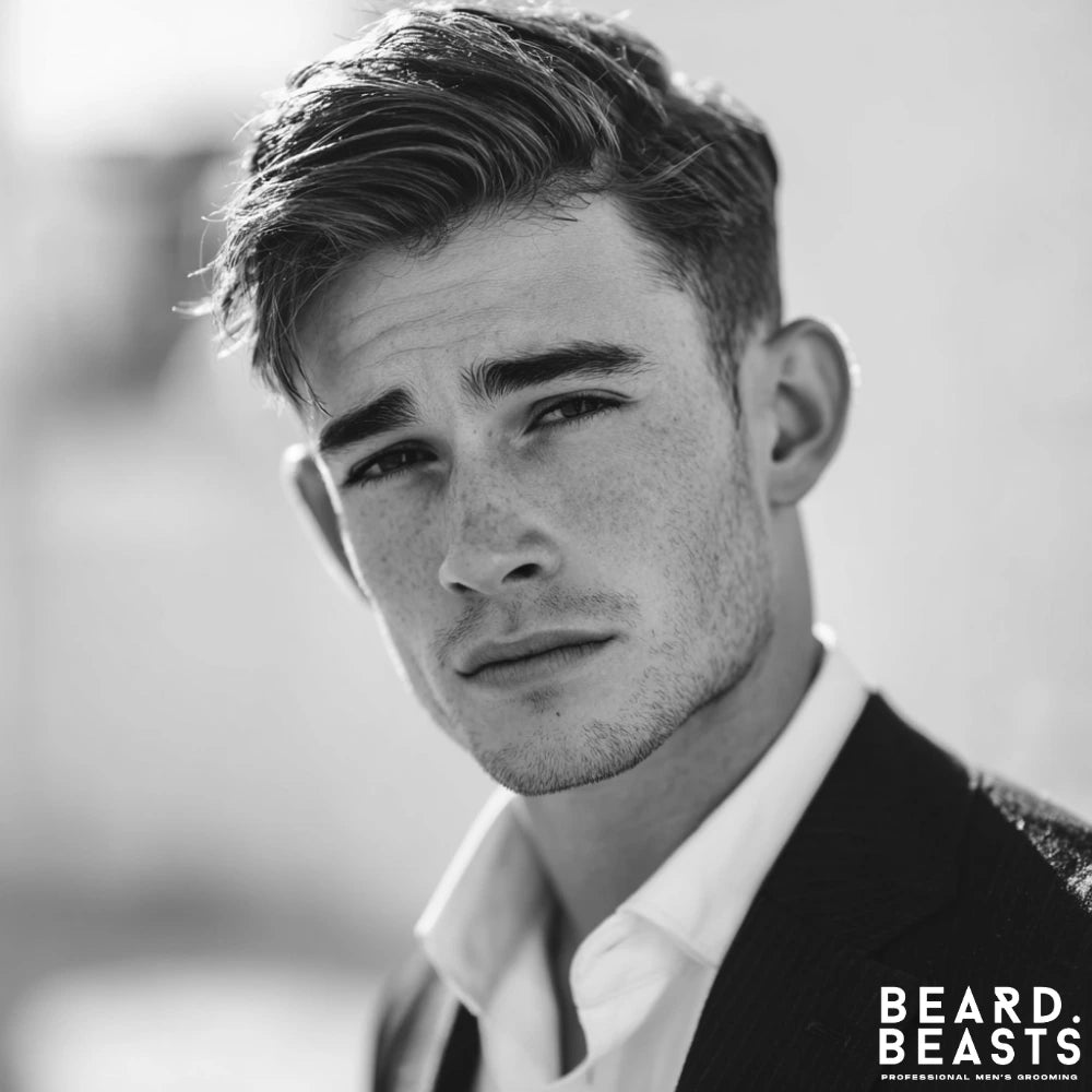 Layered Ivy League haircut with tapered sides and a side part, a polished short layered haircut for men