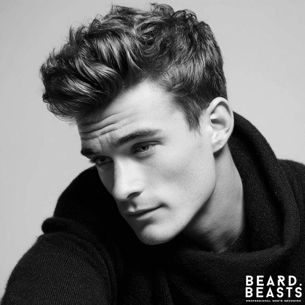 Man with a layered quiff hairstyle featuring lifted volume at the front and textured layers for a balanced, versatile look.