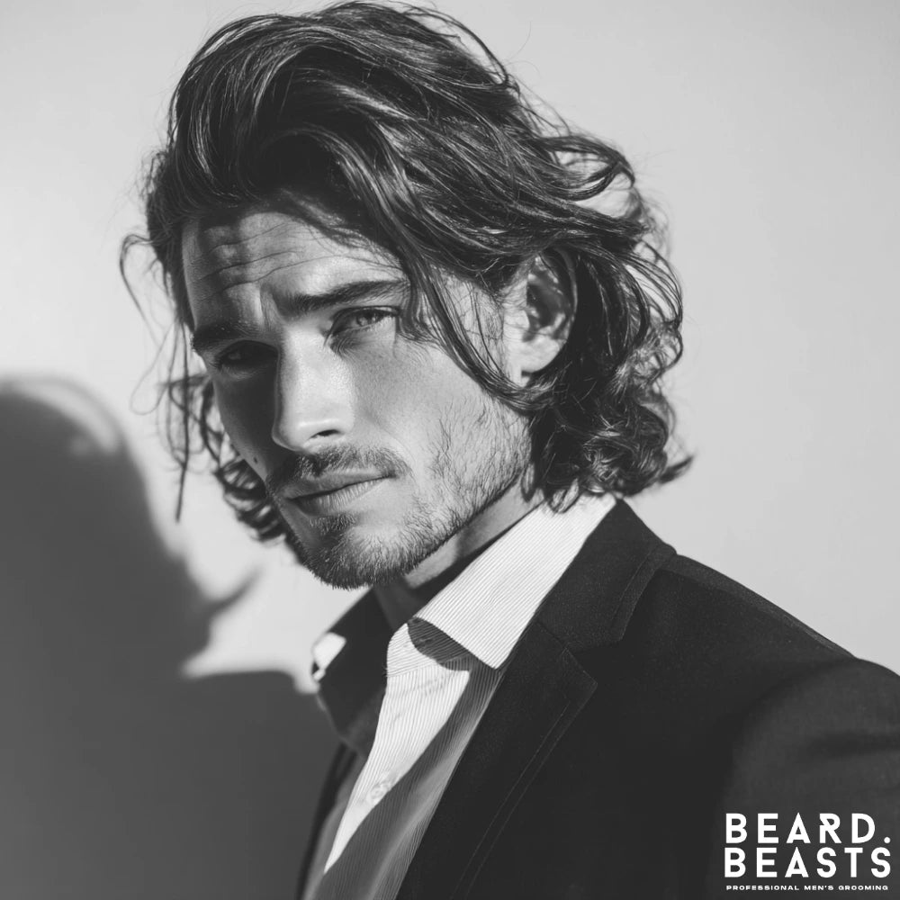 Man with layered shoulder-length hair wearing a suit jacket and collared shirt, with soft waves framing his face.