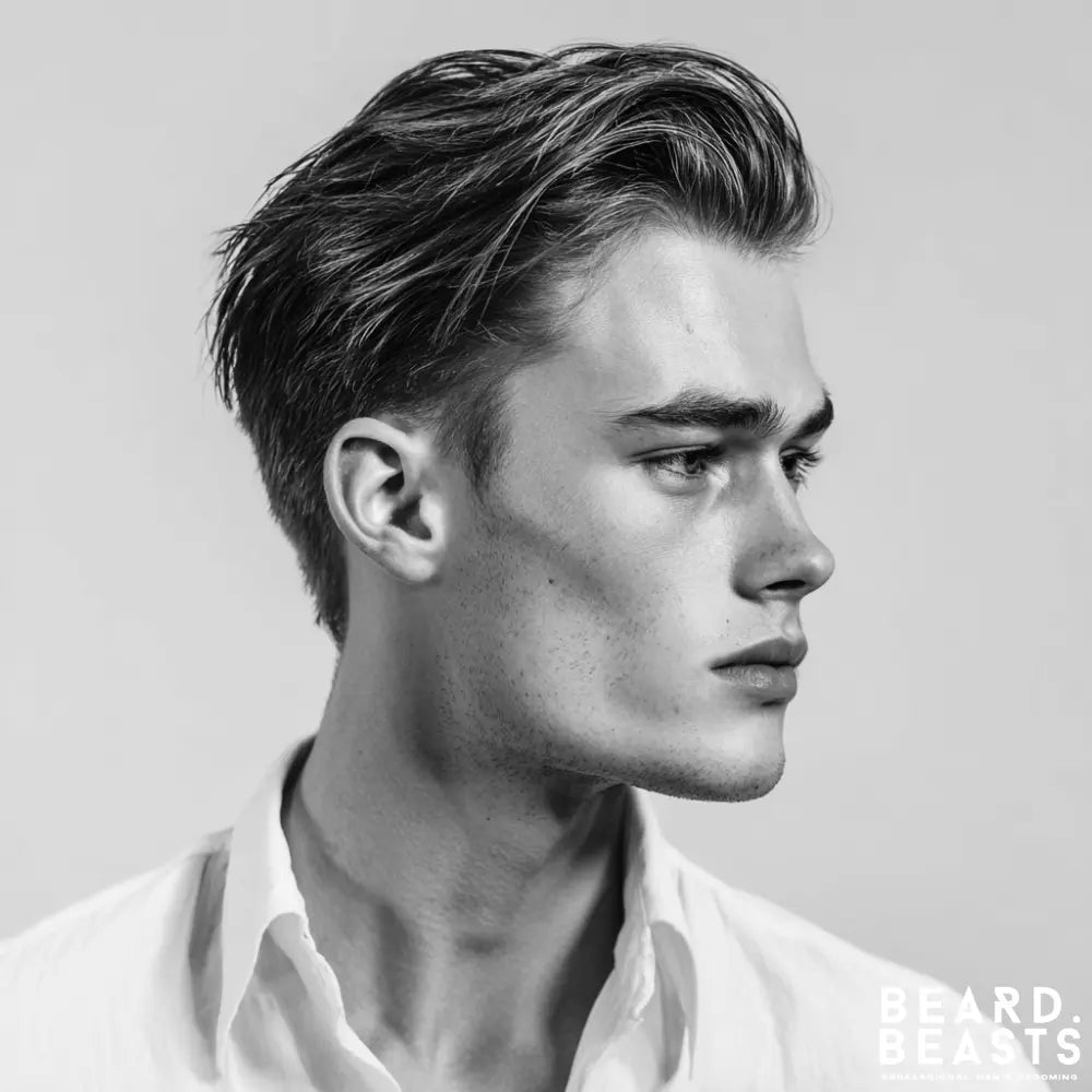 A close-up, black and white studio portrait of a man in profile. His hair is styled in a voluminous, layered slick back, creating visible texture and flow. He has sharp facial features, light stubble, and is wearing a white collared shirt.