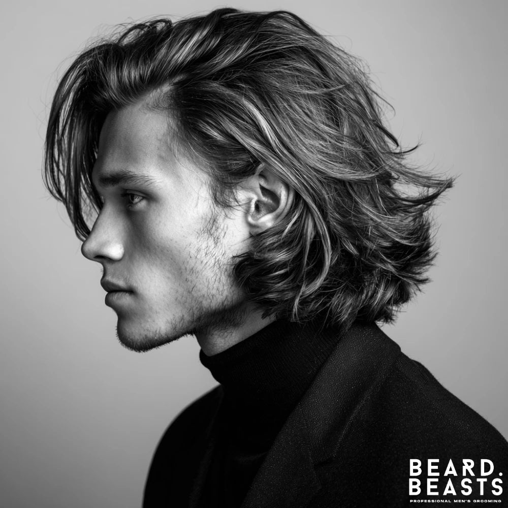 Man with long flowing layered haircut, side profile, wearing a black turtleneck, showcasing natural movement and volume.