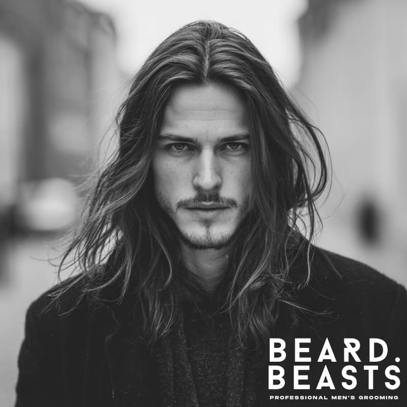 A stylish men’s hairstyle featuring long, straight hair parted down the middle, creating a balanced and sophisticated look. Ideal for those with straight or wavy hair who want a timeless, effortless style with natural volume.