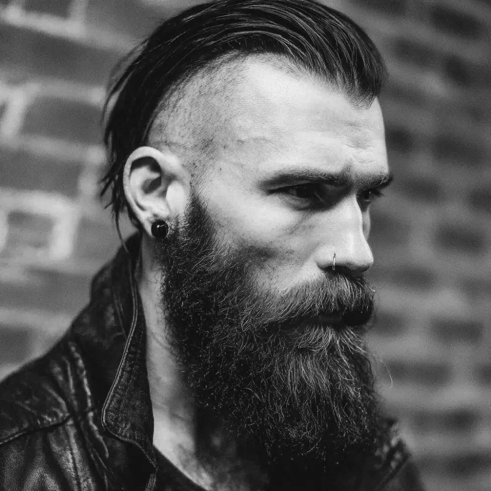A black and white profile portrait of a man with a rugged style. He has a long slick back undercut hairstyle, with the long hair on top contrasting with the buzzed sides. He has a very long, full beard, a nose ring, and is wearing a leather jacket.