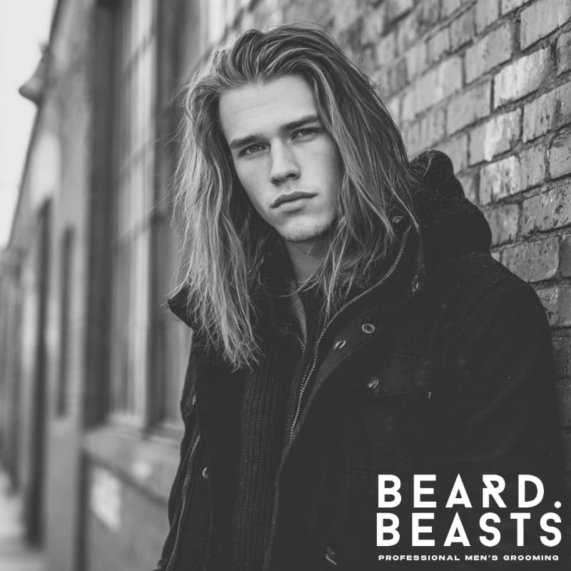 A modern, sleek hairstyle featuring long, straight hair with natural flow and minimal texture. Perfect for men seeking a polished, effortless look with straight hair that exudes style and sophistication.