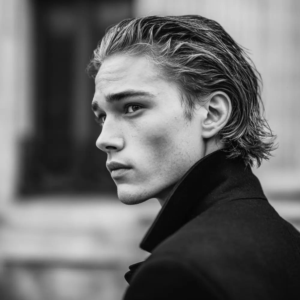 A black and white portrait of a young man looking over his shoulder. He has medium-to-long hair styled in a long textured slick back with a wet-look finish. He is wearing a dark coat with the collar turned up.