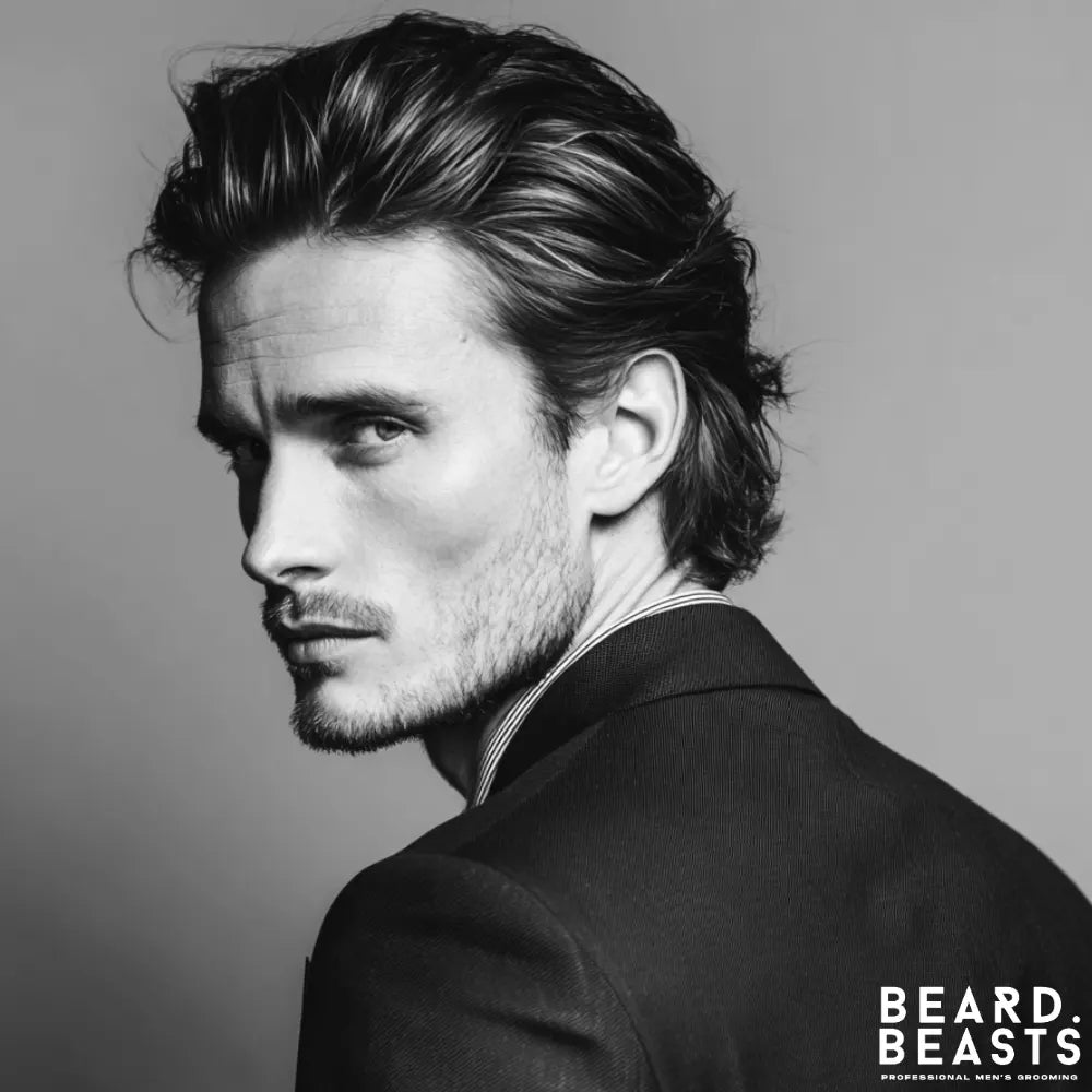 A professional studio portrait of a man looking over his shoulder at the camera. He has long, voluminous brown hair with highlights, styled in a brushed-back fashion. He has light stubble and is wearing a dark suit jacket.