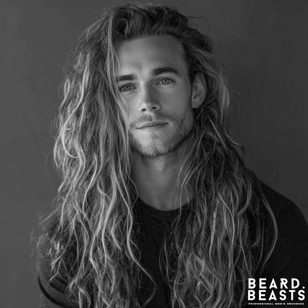 Long wavy layered hairstyle for men with natural texture, featuring defined waves and controlled volume.