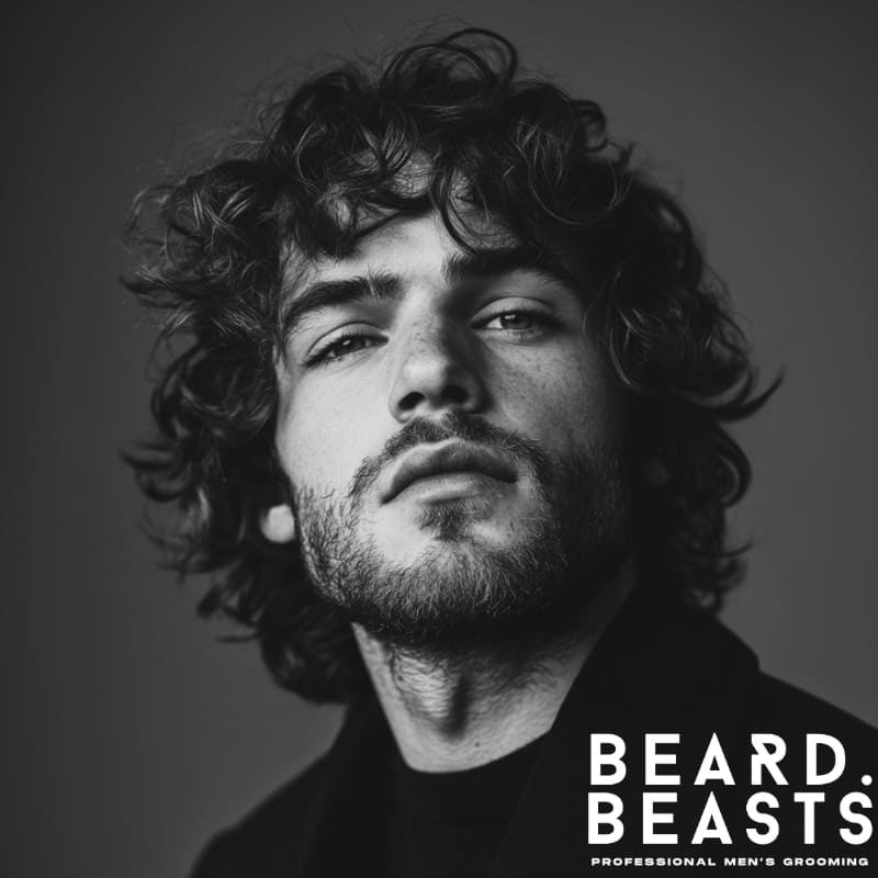 A man with a curly shag haircut, showcasing textured, voluminous curls with a natural and effortless look.