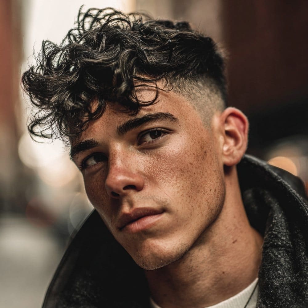 This image shows a man with neatly styled haircut. His facial features are strong, with light facial hair complementing his overall look, and he is dressed in a casual olive-green shirt, giving off a relaxed yet sharp appearance. The background is softly blurred, drawing attention to his hairstyle and face.