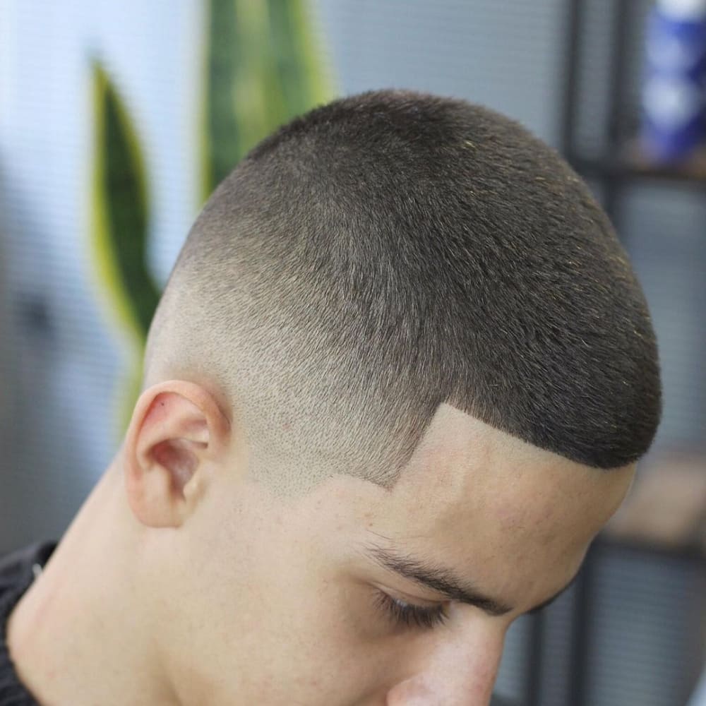 Close-up side profile of a man with a low fade buzz cut, featuring a sharp, clean fade that blends seamlessly into very short, evenly trimmed hair on top.